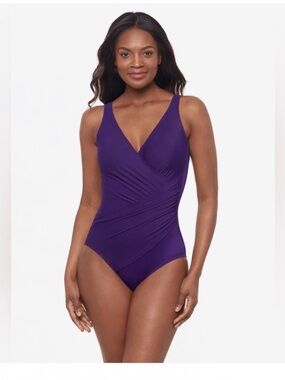 Miraclesuit Deep Purple V-Neck Ruched One-Piece Swimsuit size 12